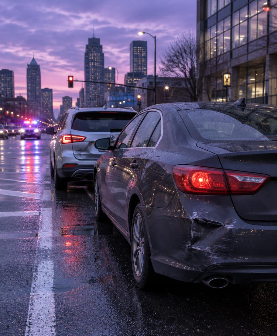 Two cars stopped after a collision on a city street at dusk